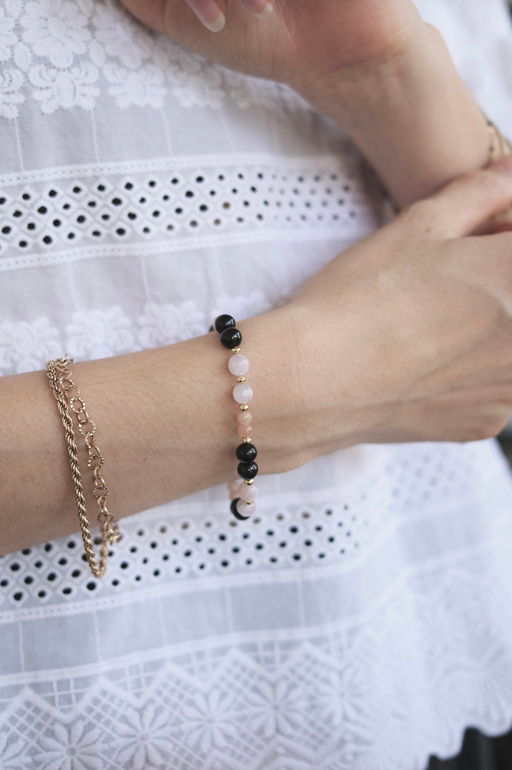 Bracelet Hélène - Kunzite, Obsidienne Noire & Pierre du Soleil