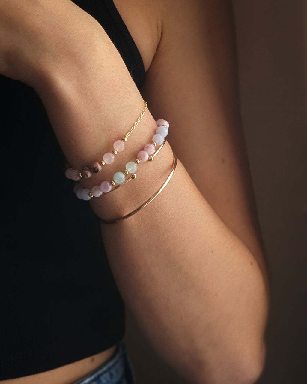 Bracelet Verounico Doré - Quartz Rose, Rhodonite & Kunzite
