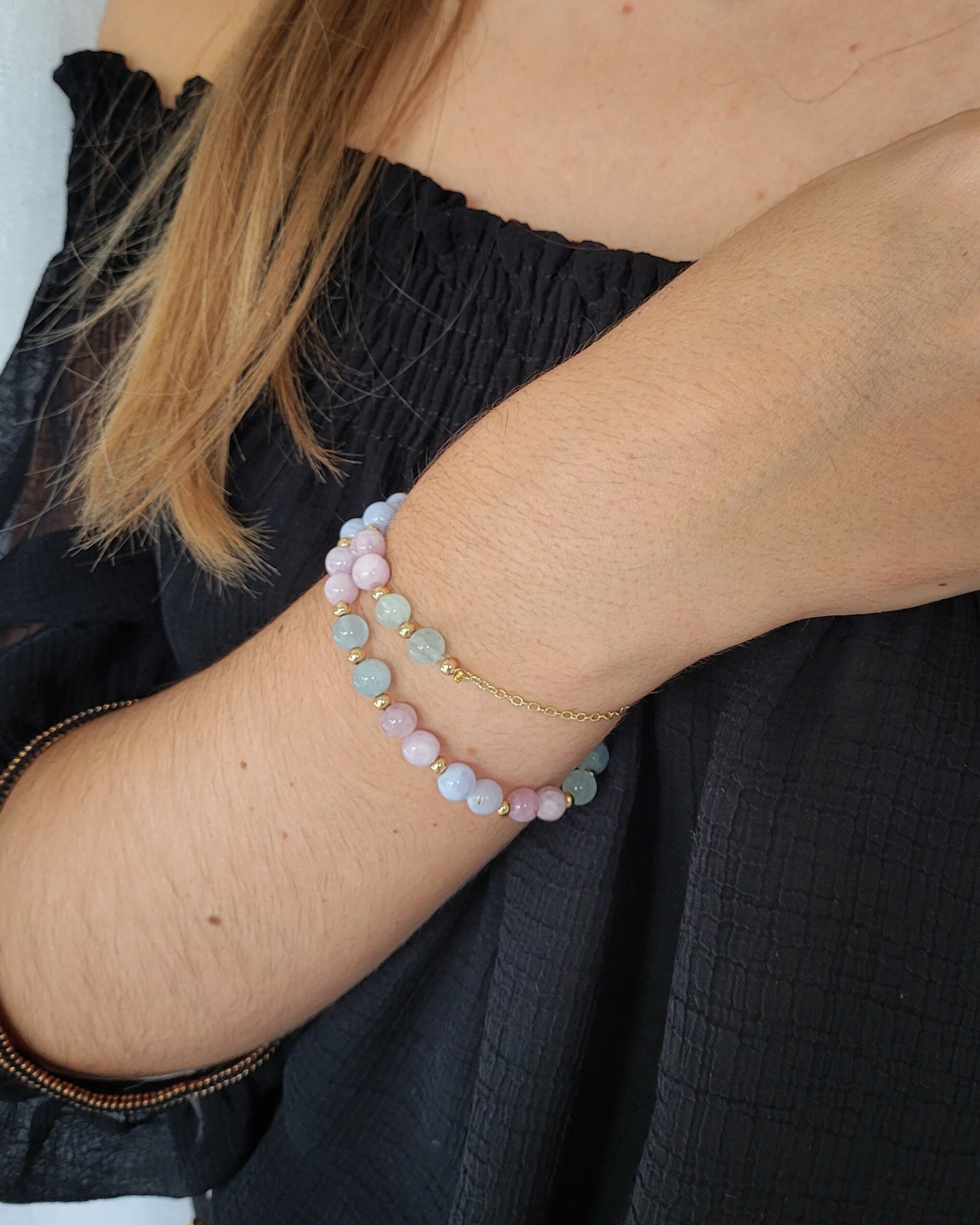 Bracelet Fèlis Doré - Kunzite, Aigue marine & Calcédoine bleue