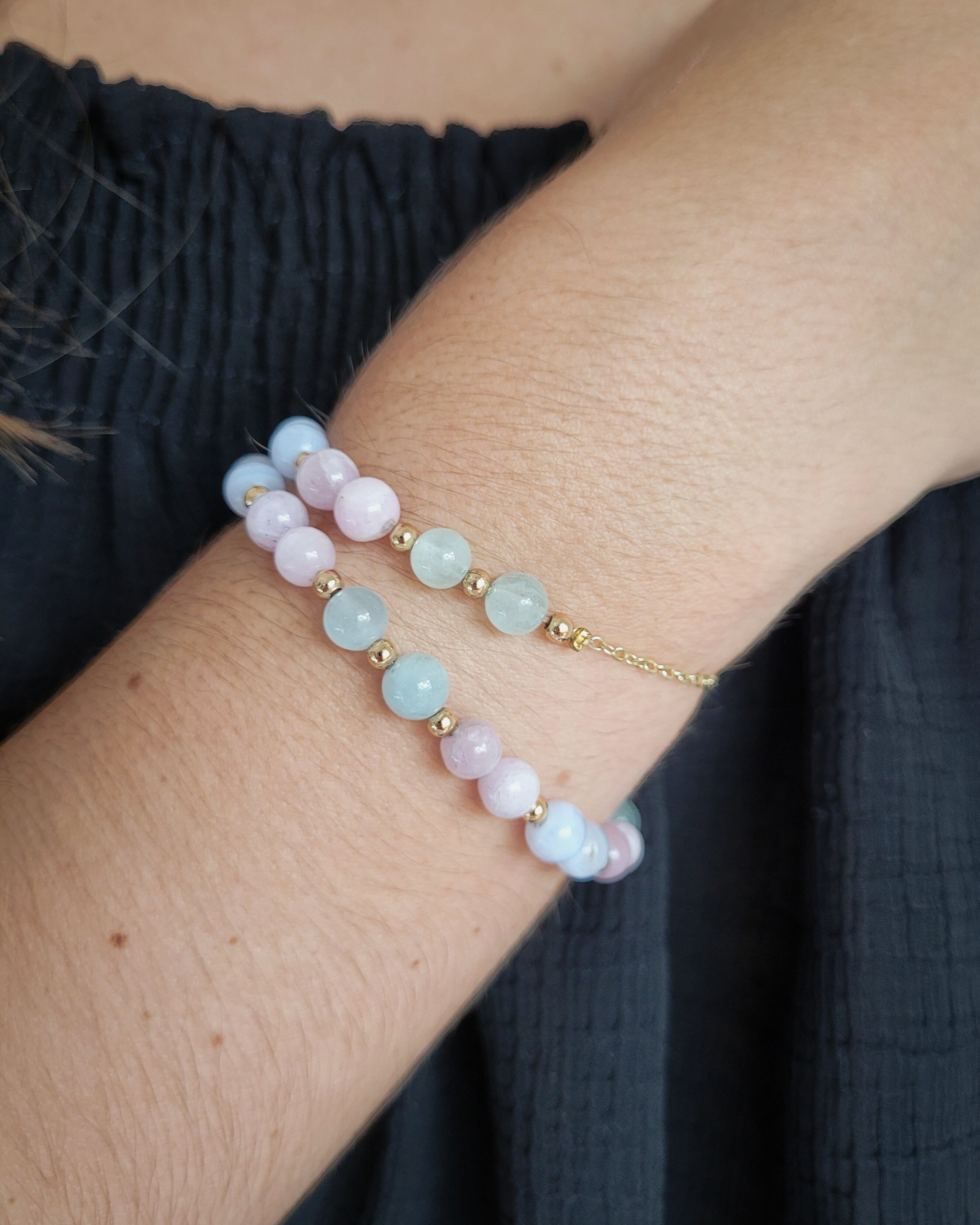 Bracelet Fèlis Doré - Kunzite, Aigue marine & Calcédoine bleue