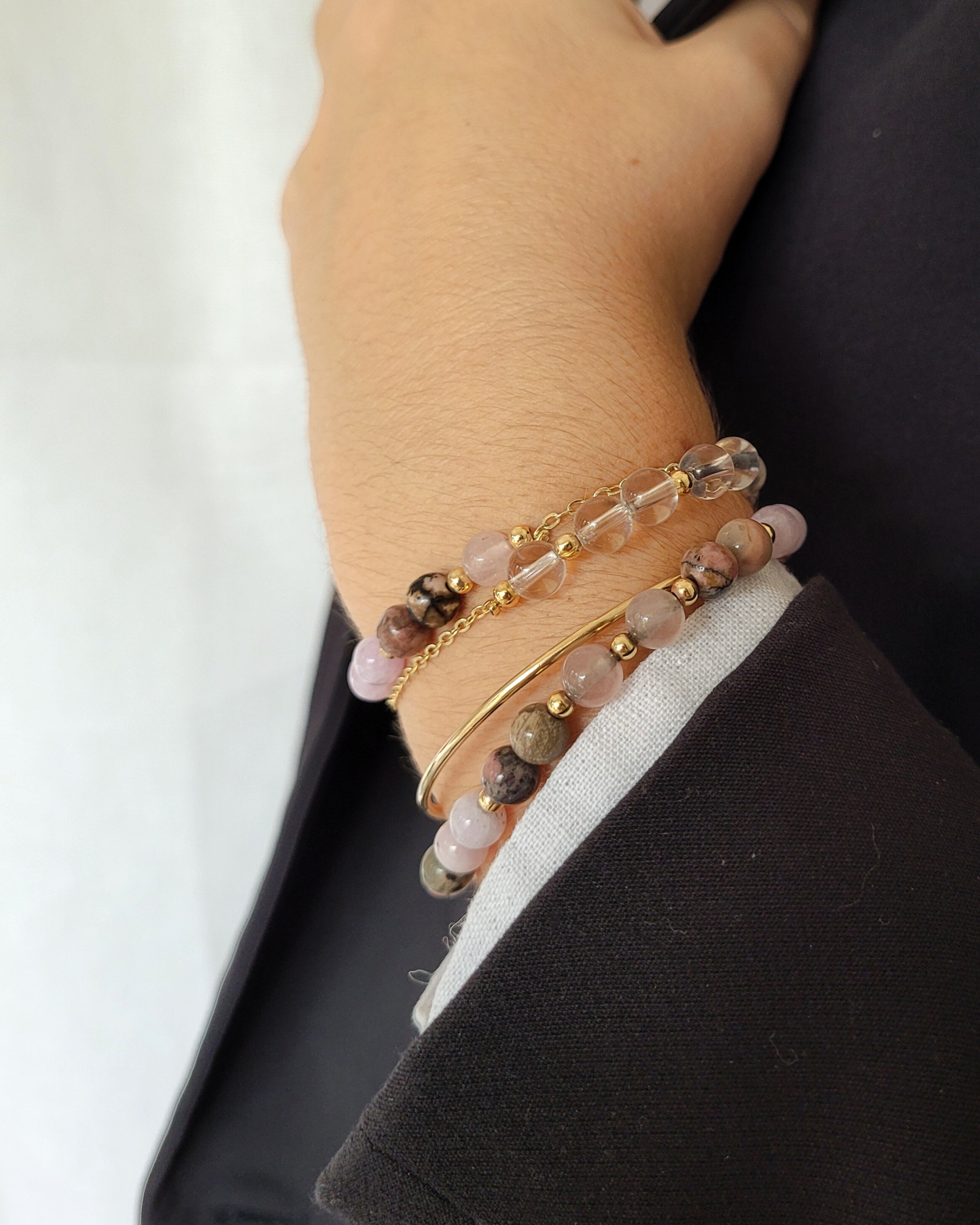 Bracelet Verounico Doré - Quartz Rose, Rhodonite & Kunzite