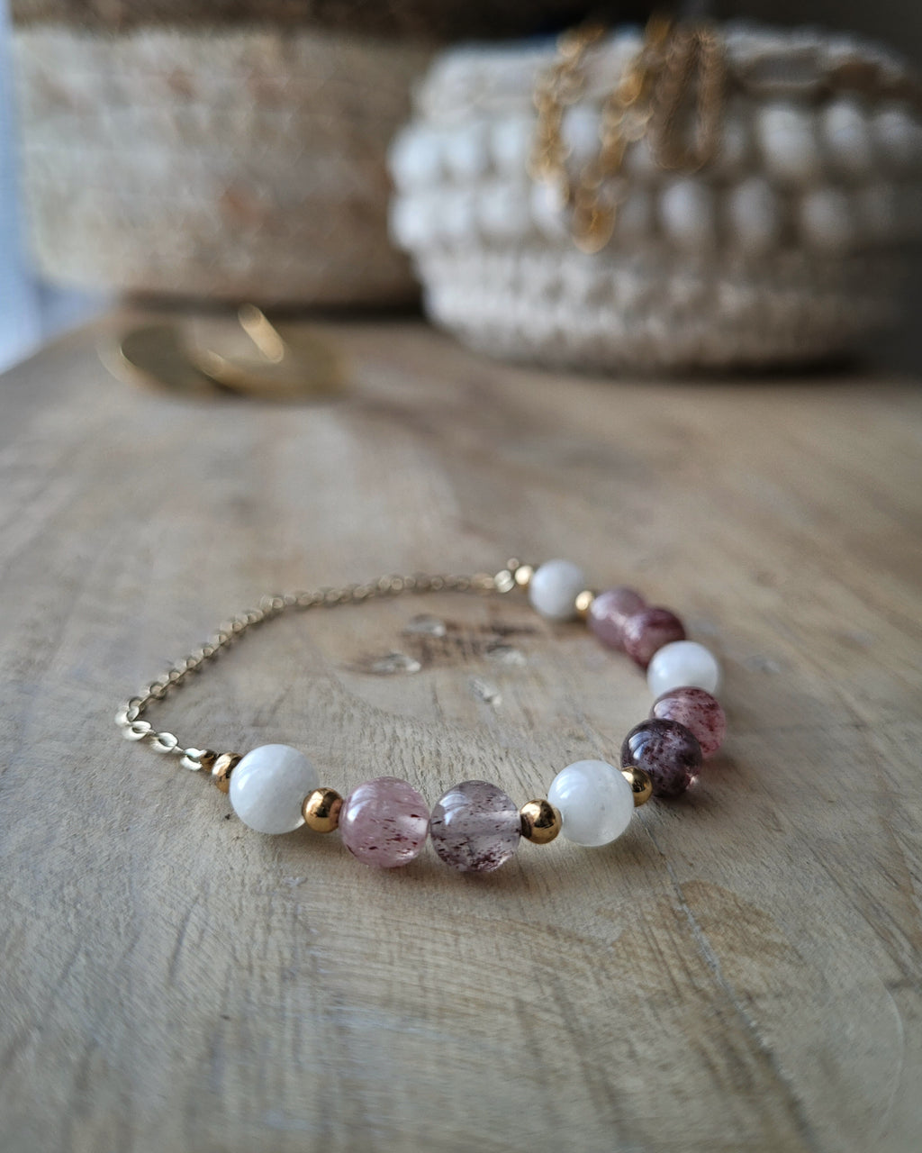 Bracelet Olivia Doré - Quartz Fraise & Pierre de Lune