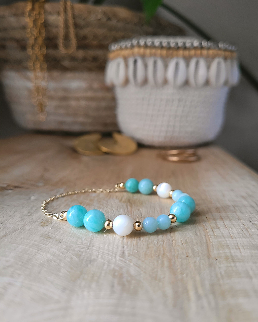 Bracelet Eleno Doré - Nacre, Amazonite & Aigue Marine