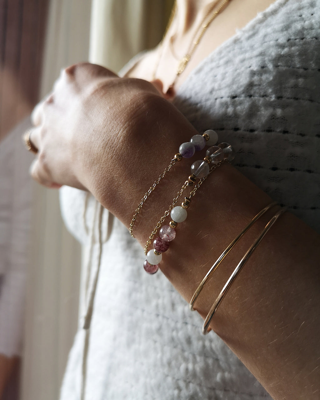 Bracelet Olivia Doré - Quartz Fraise & Pierre de Lune