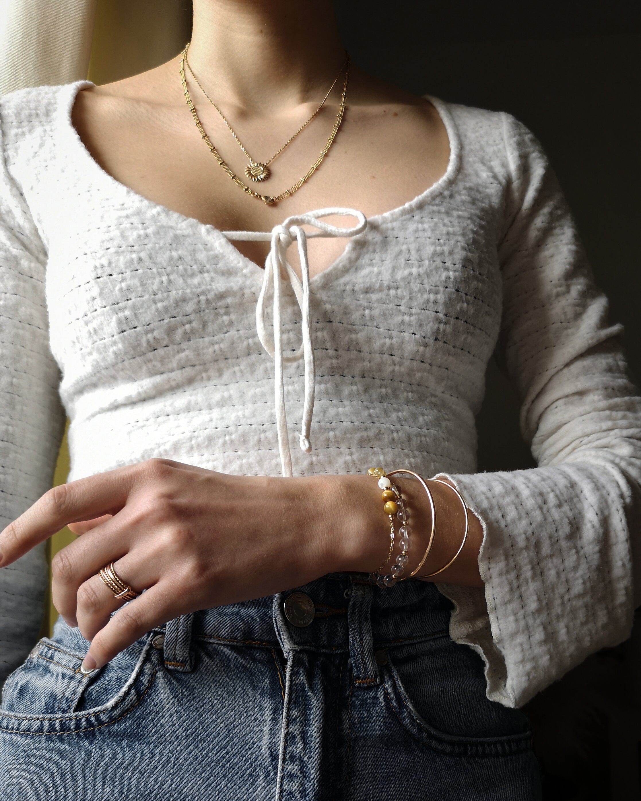 Bracelet Manon - Oeil de tigre blanc & Nacres